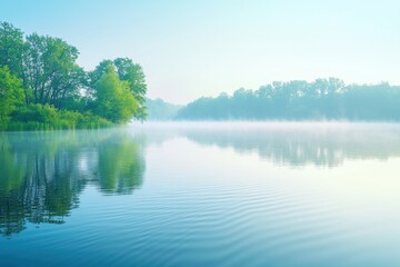 Fototapete - Gentle ripples disturb the glassy surface of a serene lake, cloaked in mist, as morning light softly illuminates the tranquil setting. Generative AI