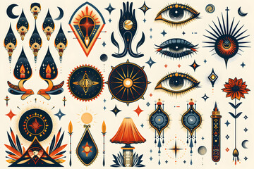 Wall Mural - A collection of 25 hand-drawn mystical and esoteric illustrations featuring eyes, suns, moons, stars, and more.