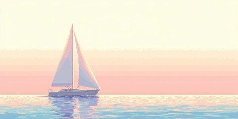  Sailing boat on calm waters at sunset, pastel colors, serene travel vibe.