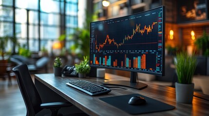 A modern office desk with a computer showing a stock market graph.