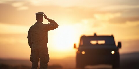 Soldier saluting at sunset, military vehicle in background, strong silhouette.