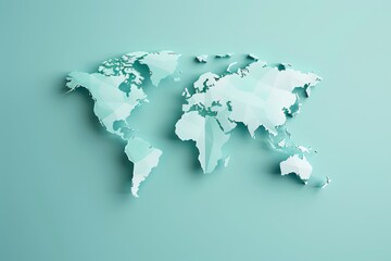 3D Paper World Map on Blue Background, Green Minimalist World Map, Global Connections Concept