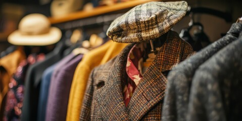 Vintage clothing displayed on hangers in a stylish boutique.