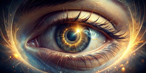 Wall Mural - a cosmic eye gazes outward, surrounded by a nebula of golden light and cosmic dust
