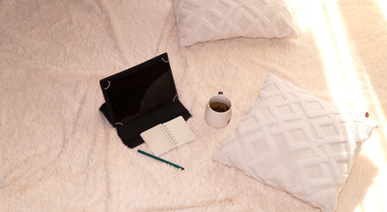 working place on the bed. High quality photo