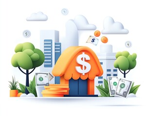 Colorful illustration of a house with money, coins, and buildings, symbolizing finance, investment, and real estate concepts.