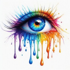 Ai generated A watercolor painting of a single eye shedding rainbow colored tears set against a white background.