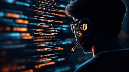 Person with headset and futuristic glasses interacting with digital code and data projections in a dark environment, featuring orange and blue neon lighting effects.