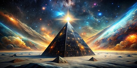 Wall Mural - an imposing geometric structure rises from the foggy plains beneath a starry sky, its facets reflect