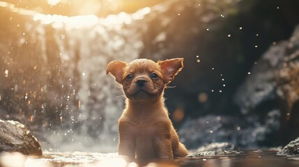 Canvas Print - Puppy in Waterfall.