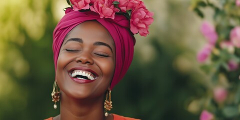 A woman wearing a red head scarf and gold earrings is smiling. She is wearing a red dress and has a pink flower in her hair