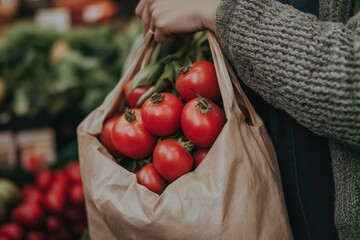 A person is holding a bag of tomatoes at a market. The bag is brown and has a few tomatoes inside. The person appears to be shopping for fresh produce