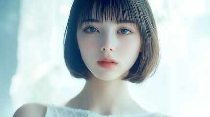 Aufkleber - 美肌の若くて可愛いアジア女性モデルの美容ポートレート	