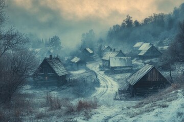 Poster - A Foggy Winter Village with Wooden Houses and Snow-Covered Ground