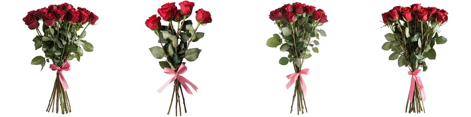 Wall Mural - Romantic red roses arranged in a bouquet, tied with a soft pink ribbon