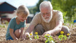 © Kateryna - Grandfather and Grandchildren Planting Flowers in the Garden