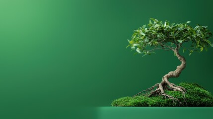 Ancient-looking bonsai with gnarly roots on a forest green background