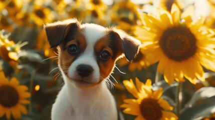 Wall Mural - Puppy Sunflower Field.