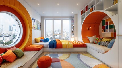 Colorful Children's Room with Circular Design and City View