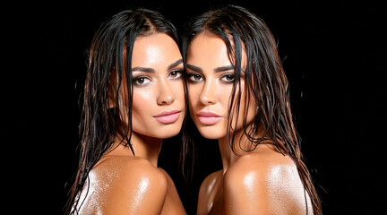 Couple with dark eyes, wet hair, wet bodies, love kissing, black background, fashion photo	