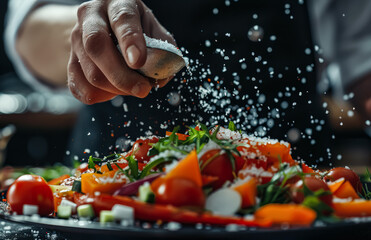 Chef sprinkling salt on a salad. Concept of preparation and attention to detail in the culinary process