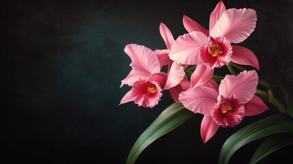 Poster - Vibrant pink orchids bloom vibrantly against a dark background, their delicate petals glowing in contrast to the shadows