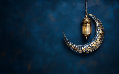 Elegant crescent moon with an ornate lantern on a dark blue background for Ramadan Kareem or an Islamic greeting festival celebration