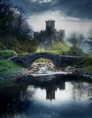 Castillo medieval en ruinas en un dia nublado, junto a un rio y  un puente