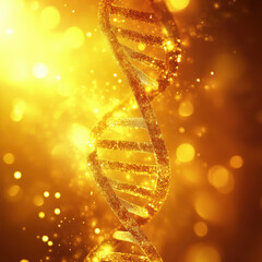 Golden dna helix rotating on shiny orange background