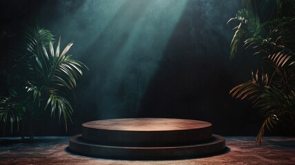 Two-Tiered Stone Platform with Tropical Plants and Light Rays Against a Dark Green Background