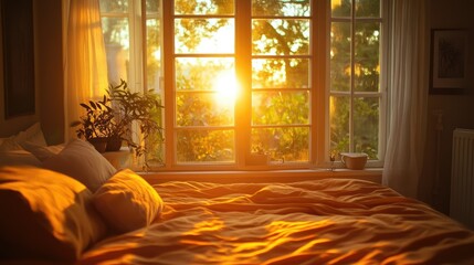 Peaceful bedroom setting with the warmth of the sunrise filtering in through the windows.