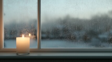 Frost-covered windows with a candle glowing inside warm and cozy winter evening, photorealistic