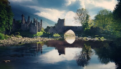 Castillo medieval en ruinas en un dia nublado, junto a un rio y un puente
