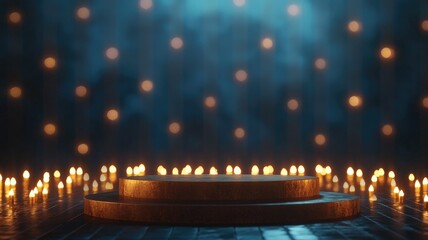 Two-Tiered Wooden Platform with Candlelight Bokeh Background