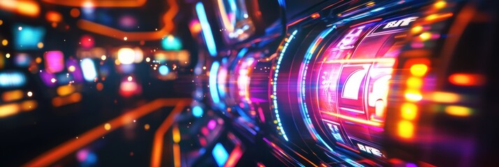 Aufkleber - A vibrant casino showcases a row of futuristic slot machines with bright lights and spinning reels, featuring a glowing jackpot symbol. Generative AI