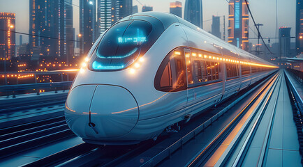 Aufkleber - A futuristic train with blue, on the background is an urban city with modern buildings and energy towers with gas bottles.