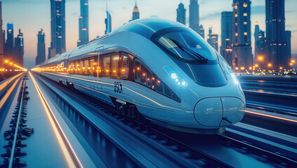 Aufkleber - A futuristic train with blue, on the background is an urban city with modern buildings and energy towers with gas bottles.