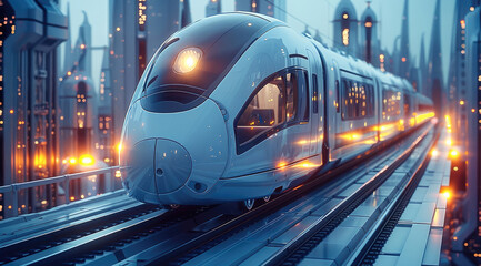 Aufkleber - A futuristic train with blue, on the background is an urban city with modern buildings and energy towers with gas bottles.