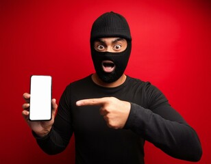 A desperate-looking thief in black clothing and cap, holding a smartphone and pointing at the screen, symbolizing an anti-theft alarm system - Generative AI