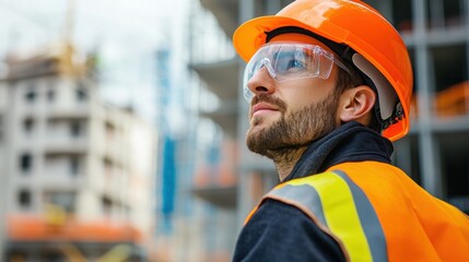 Fototapete - A construction worker wearing safety glasses and a hard hat attentively observes ongoing work at a bustling construction site. Generative AI