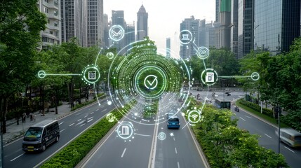 Poster - Sustainable Futuristic City with Integrated Digital Infrastructure and Lush Greenery A Vision of Harmony between Renewable Energy Smart Technology and Nature Driven Urban Design