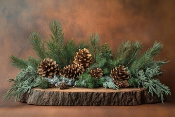 Pine Branches and Cones on a Wooden Slice