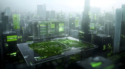 Poster - Futuristic of a sustainable smart city with vibrant green landscapes advanced digital security systems and a balance of nature clean energy and innovative technology protection