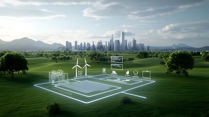 Poster - Vibrant Green Cityscape with Advanced Digital Security Systems Overlaying the Scene Representing a Balanced Future of Nature Energy and Technological Protection