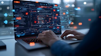 Leinwandbilder - Hacker Orchestrating Cyber Attack in Dimly Lit Futuristic Digital Environment with Warm Bokeh Lights and Glowing Interface Elements Illustrating Cyber Threat and Data Breach