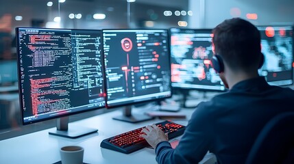 Leinwandbilder - Hacker Conducting Cyber Attack in Darkened Room with Warm Bokeh Highlights Framing the Scene and Digital Safety Systems Flashing Red Warnings