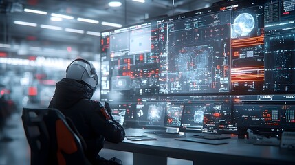 Leinwandbilder - Cyber Attack Underway with Hacker in Darkened Room Warm Bokeh Highlights Framing the Scene and Digital Safety Systems Flashing Red Warnings Indicating a Serious Cybersecurity Threat