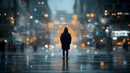 Leinwandbilder - Cyber Attack in Motion   Hacker s Silhouette Surrounded by Warm Bokeh Lights and Holographic Security Interfaces Displaying Vulnerabilities in the Digital System