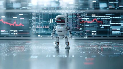 Aufkleber - Composite image of an robot figure combined with overlapping financial market charts forex data and analytical visualizations set against a futuristic blue backdrop