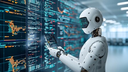 Fototapete - Robotic silhouette in a double exposure with forex charts and financial data visualizations representing the power of intelligence and machine learning for automated trading and market analysis